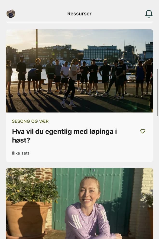 Ressursbiblioteket i Run2gether-appen med artikler om sesong og vær