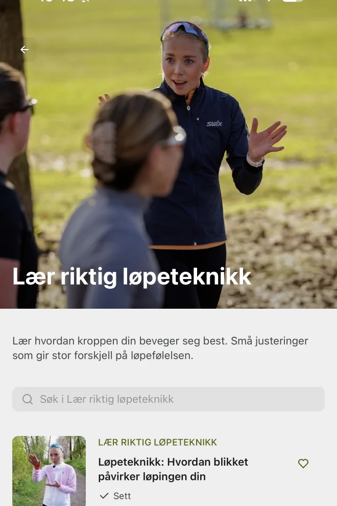 Videokurset Lær riktig løpeteknikk i Run2gether-appen, med leksjoner om blikk, skuldre og armpendel