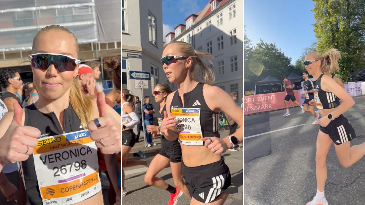 Løpecoach Veronica Undseth med startnummer 26798 i København halvmaraton 2026, før start og underveis i løpet